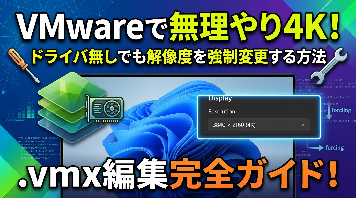 【VMware】グラボドライバ無しで4K解像度に無理やり変更する方法!.vmx編集ガイド